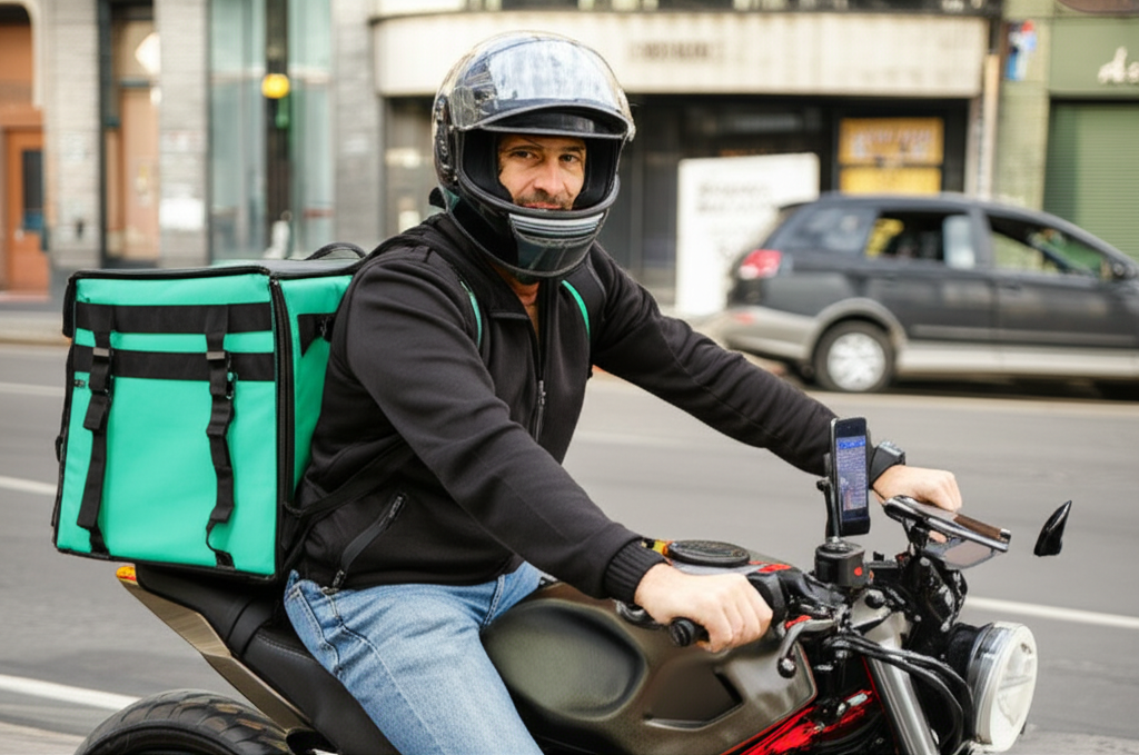 Repartidor en motocicleta con bolsa de entregas