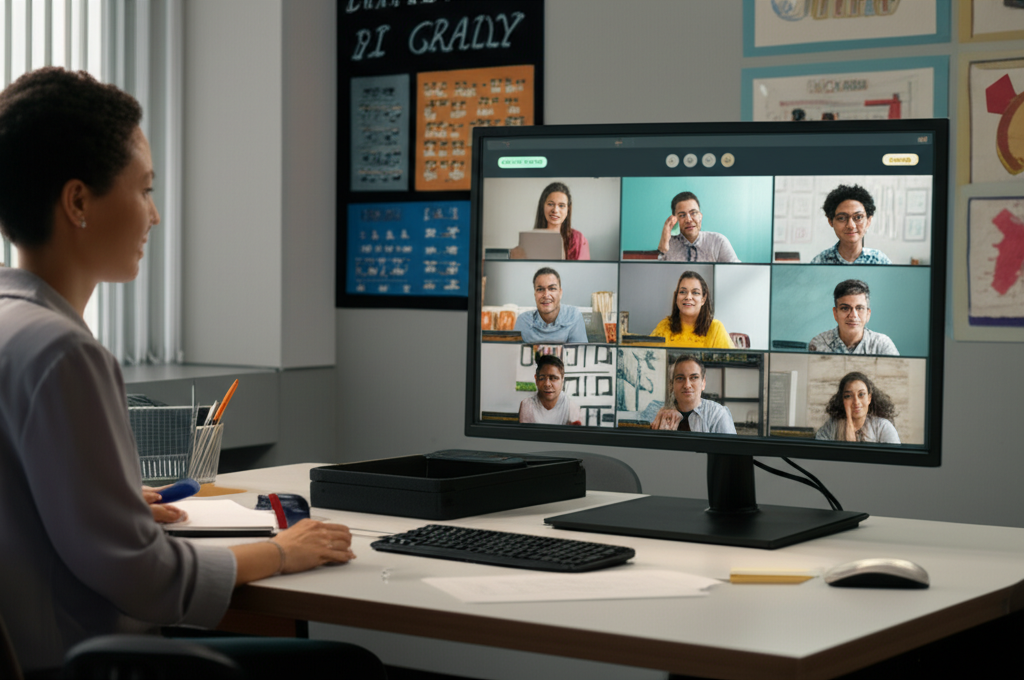 Aula virtual con estudiantes en videollamada